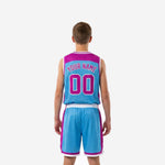 Size and specification sheet for custom sky-blue and purple sublimated youth basketball uniform sets in full youth sizes