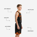 Back view of black and orange custom youth basketball jersey showing player name placement and back number 00