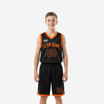 Custom boys basketball uniforms in black and orange full sublimation two-piece set showing front and back with arched team name and numbers