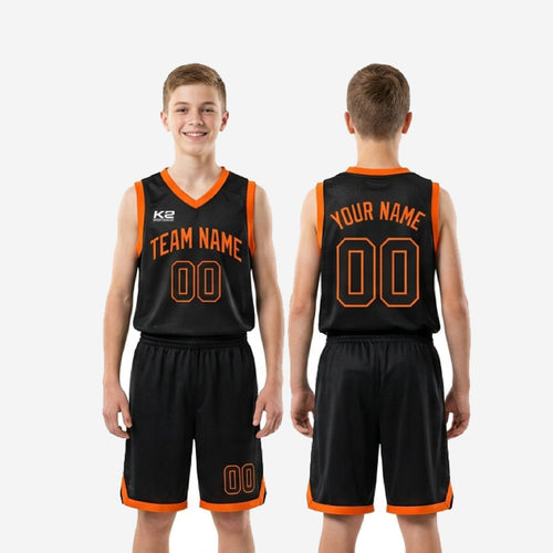 Size and specification sheet for custom boys basketball uniforms in black and orange youth size run