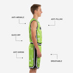 Back view of custom boys basketball uniform in lime green showing player name arc and back number with triangle geometric sublimation pattern