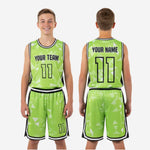 Youth basketball uniform size and specification chart for custom boys basketball uniforms in lime green and black
