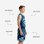 Full sublimation youth basketball uniforms navy and cyan back view displaying back number and player name print zone on sublimated jersey