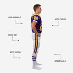 Back view of custom boys football uniforms showing back number placement, nameplate area, and white pants with double side stripe running to the knee