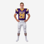 Custom boys football uniforms in purple and gold with V-neck collar, gold front number 28, team name across the chest, and white pants with double side stripe - front view