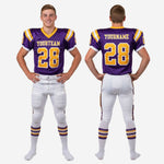 Size and spec sheet for custom boys football uniforms in purple and gold showing youth size run and print zone details