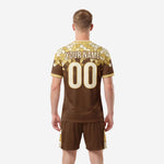 Detail view of brown and gold mosaic soccer uniform designer kit by K2 Sportswear
