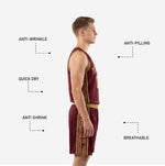 Back view of men's custom burgundy basketball uniform showing gold geometric side panel and back number placement