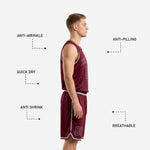Back view of custom burgundy basketball uniform showing player name and back number placement on sleeveless jersey with silver contrast trim