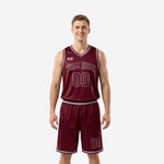 Custom burgundy basketball uniforms front and back view showing silver trim V-neck jersey and matching shorts with arced team name and player numbers