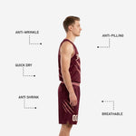 Shorts detail of the custom burgundy basketball uniform set showing player number on lower left leg and elastic waistband with rose trim