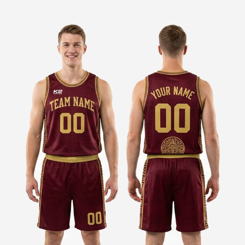 Custom Burgundy Basketball Uniforms - Geometric Gold Set