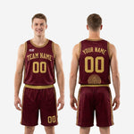 Size and specification chart for custom burgundy basketball uniform set available in youth and adult sizing