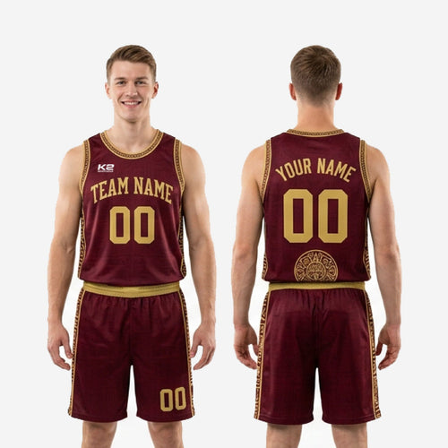 Size and specification chart for custom burgundy basketball uniform set available in youth and adult sizing