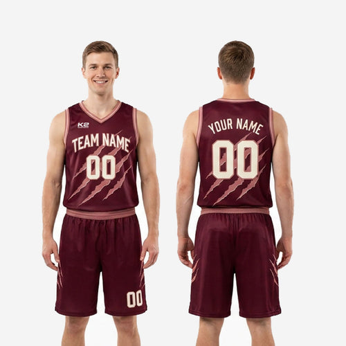 Size and specification sheet for the custom burgundy basketball uniform set covering youth and adult sizes for full roster ordering