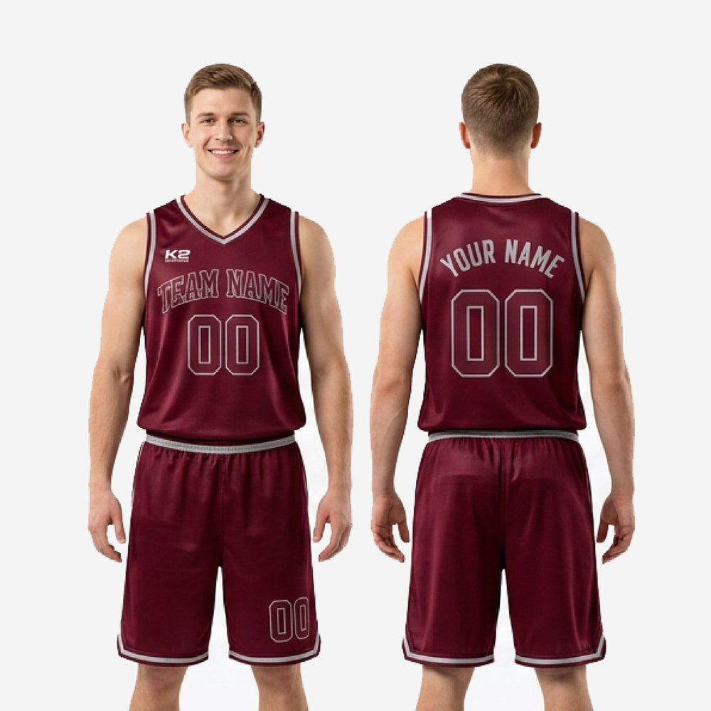 Season Long Custom Burgundy Basketball Uniforms - Silver Sublimated Set