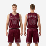 Size and specification sheet for custom burgundy and silver basketball uniform sets in youth and adult sizes