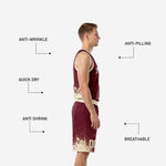 Back view of custom burgundy basketball uniform showing player name arc and back number in cream-gold on a solid burgundy jersey and shorts