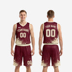 Size and specification chart for custom burgundy basketball uniforms showing youth and adult sizing for jersey and shorts