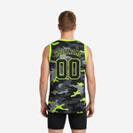 Opposite side view of custom camo basketball jersey with neon lime green armhole trim and black grey camouflage pattern on performance mesh fabric
