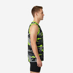 Men wearing custom camo basketball jersey with neon lime green V-neck binding and black grey camo pattern with arched team name and front number