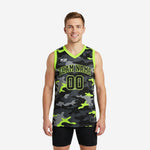 Custom camo basketball jerseys in black grey and neon lime green showing front and back panels with team name number and player name sublimated print