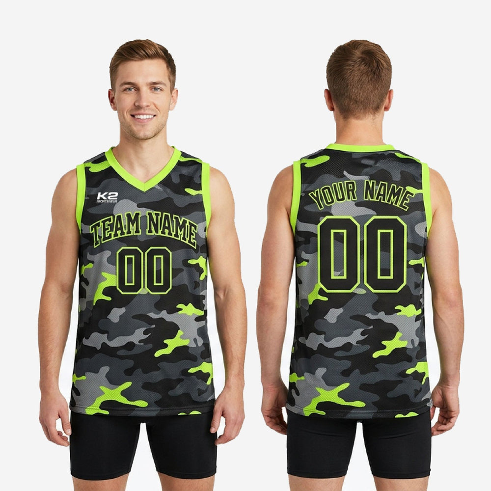 Custom Camo Basketball Jerseys - Neon Green and Black