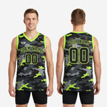 Size and spec chart for custom camo basketball jerseys in neon lime green and black available in youth and adult sizes