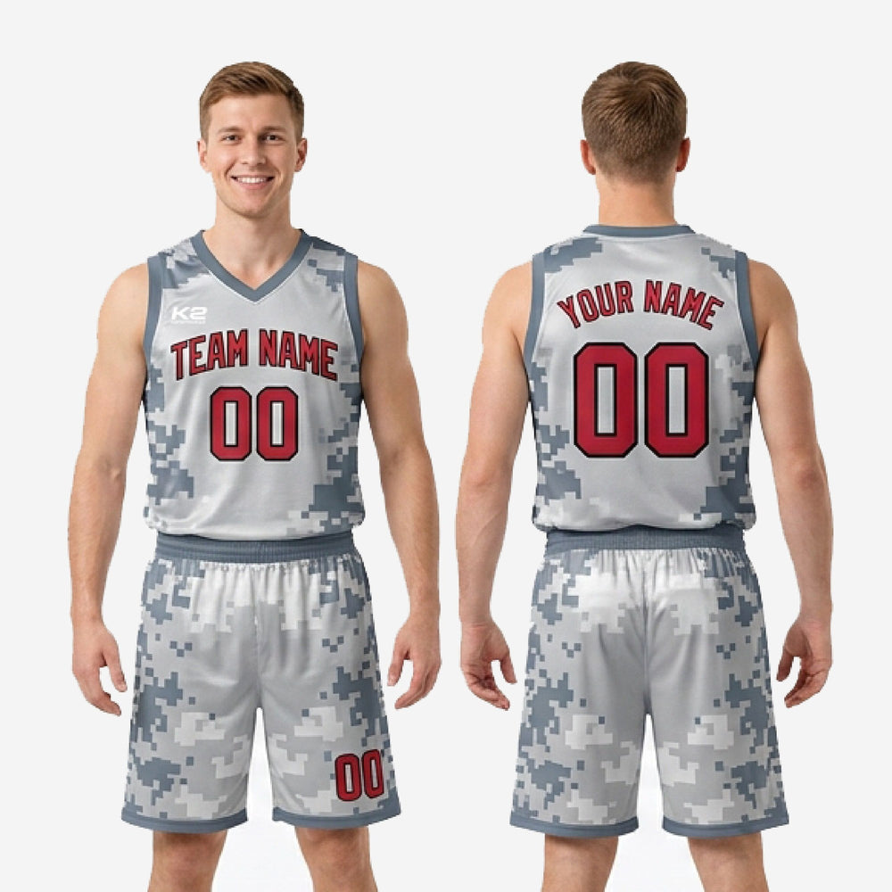 Custom Camo Basketball Uniforms - Grey with Bold Player Numbers