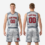 Full set view of custom grey digital camo basketball uniform showing matched jersey and shorts with red numbers and continuous camo print