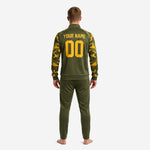 Custom camo soccer tracksuit in Army Green and Athletic Gold showing back name and number print on full-zip jacket and tapered pants