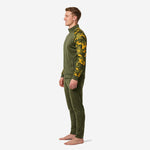 Custom camo soccer tracksuit jacket detail showing stand collar, full zip, and Athletic Gold woodland camo sleeve panel construction