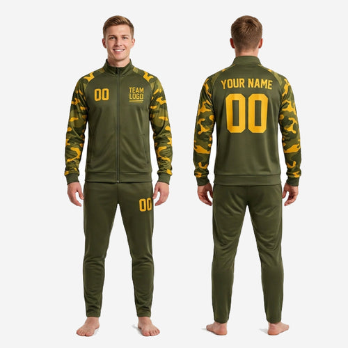 Custom camo soccer tracksuit Army Green tapered track pants with Athletic Gold player number on left leg