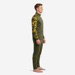 Custom camo soccer tracksuit side view showing tapered Army Green pants and full-zip stand collar jacket with camo raglan sleeves
