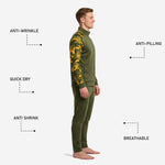 Custom camo soccer tracksuit close-up of Athletic Gold woodland camo sublimation print on Army Green raglan sleeve