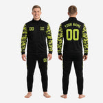 Custom camo soccer tracksuit back view showing name arc, back number, and full-dye sublimation print on black polyester