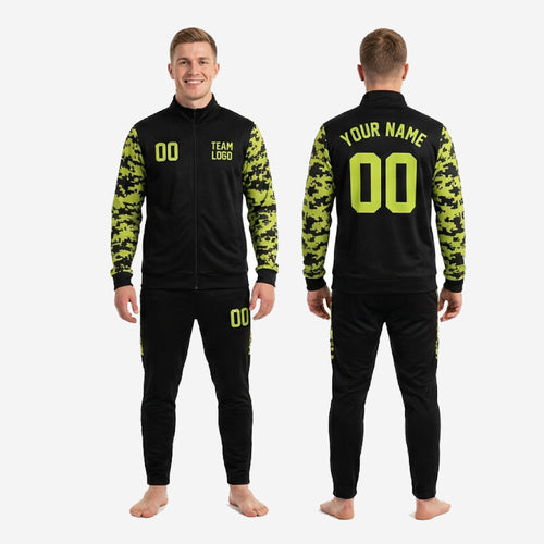Custom camo soccer tracksuit back view showing name arc, back number, and full-dye sublimation print on black polyester