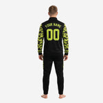 Camo soccer tracksuit jacket detail showing stand collar, full-zip front, and Neon Yellow digital camo sleeve sublimation print