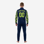Custom sublimated camo soccer tracksuit jacket close detail with stand collar and full-zip front in navy blue