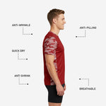 Back view of custom camo soccer training jersey in dark red with sublimated player name and number