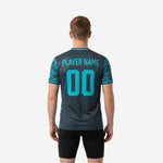 Back view of custom camo soccer training jersey in charcoal and teal showing player name and number 00 in teal sublimation