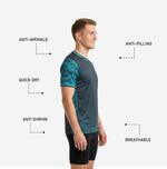 Sleeve cuff detail on charcoal and teal custom camo soccer training jersey showing double teal stripe trim