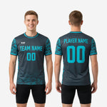 Crew neckline detail on custom camo soccer training jersey in charcoal with teal contrast trim band