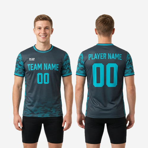 Crew neckline detail on custom camo soccer training jersey in charcoal with teal contrast trim band