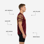 Back view of custom camo soccer training jersey showing Maroon body with player name and number print zones in Vegas Gold
