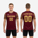 Crew neckline detail of Maroon camo soccer training jersey with Vegas Gold sublimated trim band along collar edge