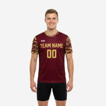 Custom camo soccer training jersey in Maroon with Vegas Gold digital camo short sleeves, front view showing team name and number print on chest
