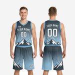 Size and specification sheet for custom carolina blue basketball uniform set covering youth and adult sizes for full roster orders