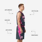 Back view of custom charcoal basketball uniforms displaying back number and player name placement on jersey and shorts