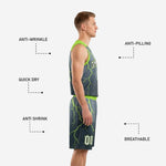 Back view of charcoal lightning print basketball jersey and shorts showing back name, back number, and full neon green lightning sublimation